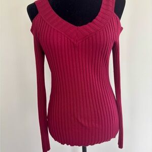 Hooked Up by IOT Red Off-the-Shoulder Sweater with Ribbed Texture